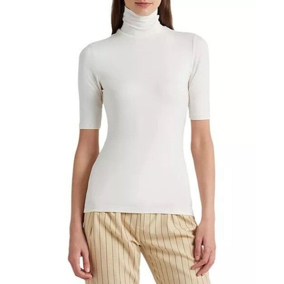 Lauren Ralph Lauren Women’s Mock Neck Top Ivory Cream M Elbow Sleeve Minimalist - Picture 1 of 10